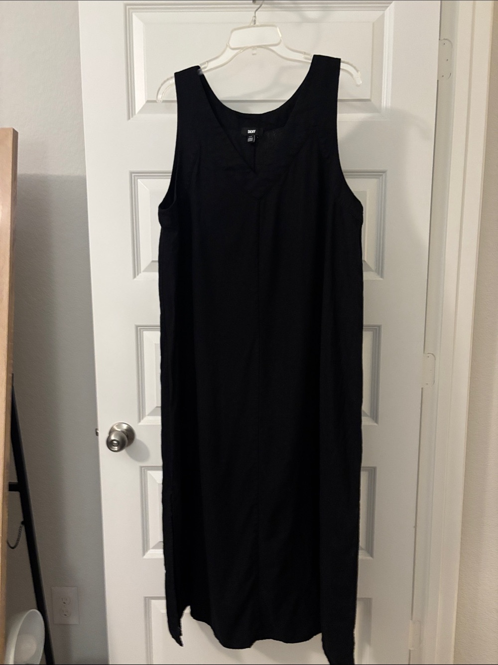 DKNY Black sleeveless V-neck maxi dress SZ XL linen blend side slits baggy NWOT